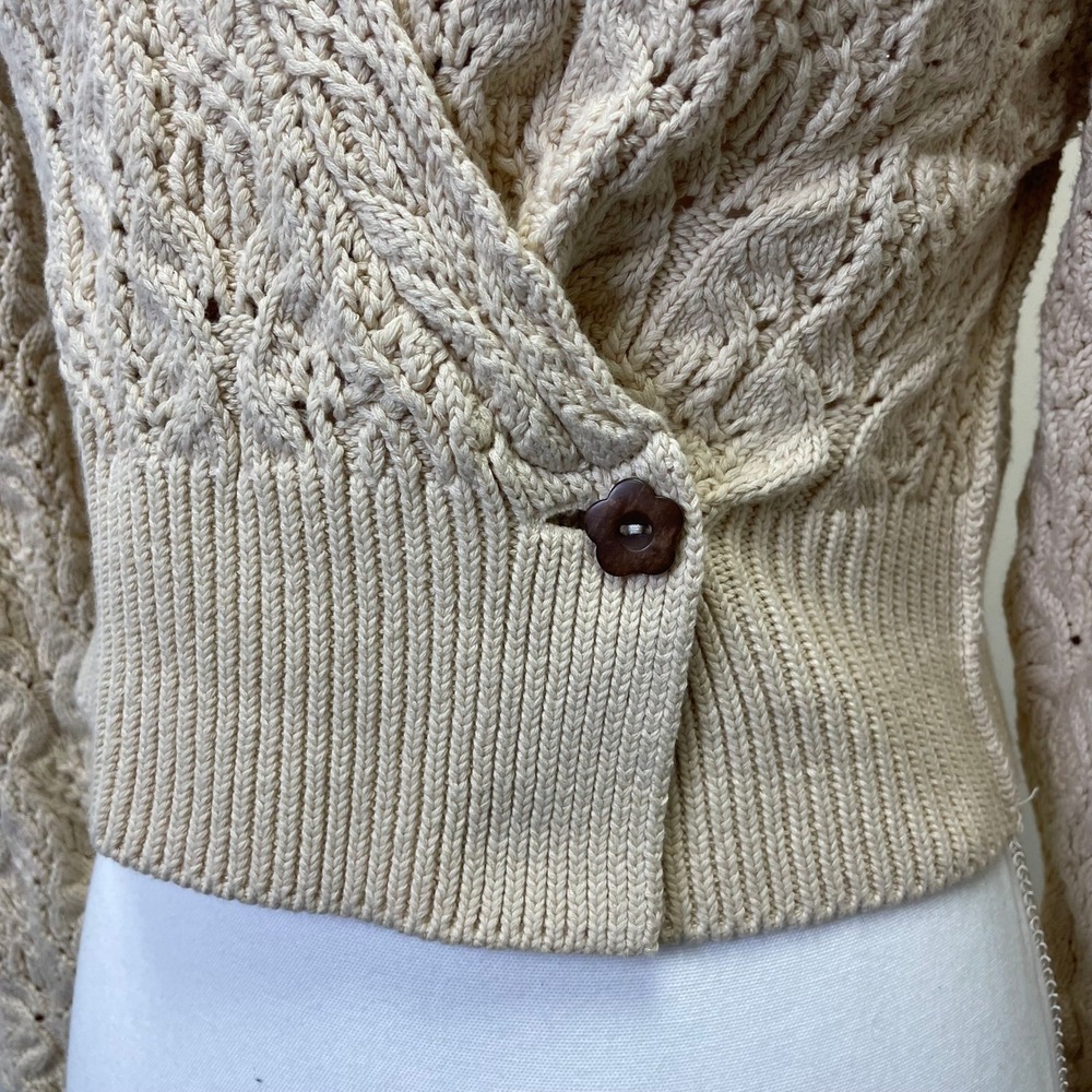 Free People Cream Pointelle Cable Knit Wrap Cardigan XS Puff Sleeve Cropped - Picture 2 of 14